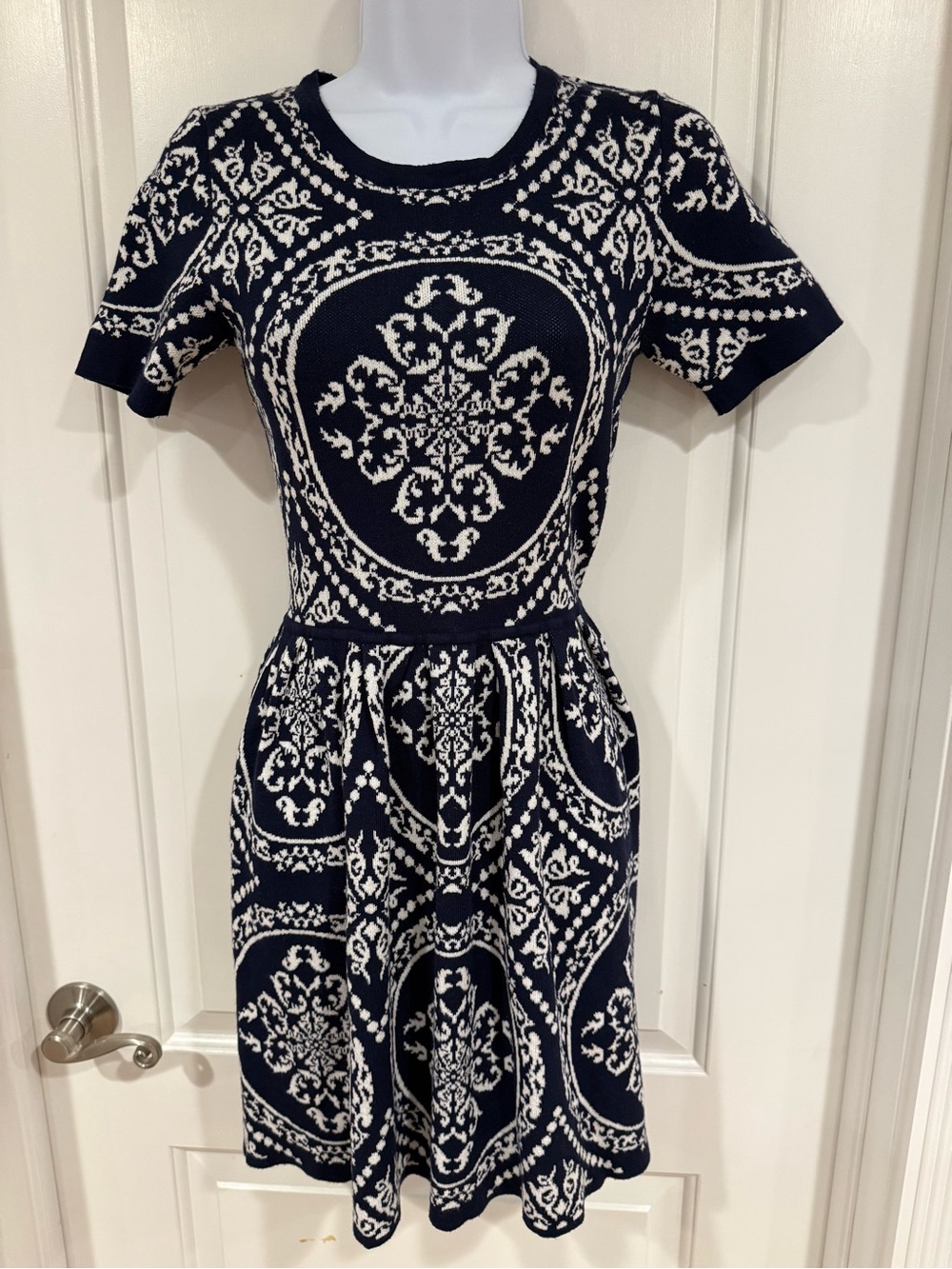 Romeo & Juliet Couture Navy and White Medallion Knit Midi Dress